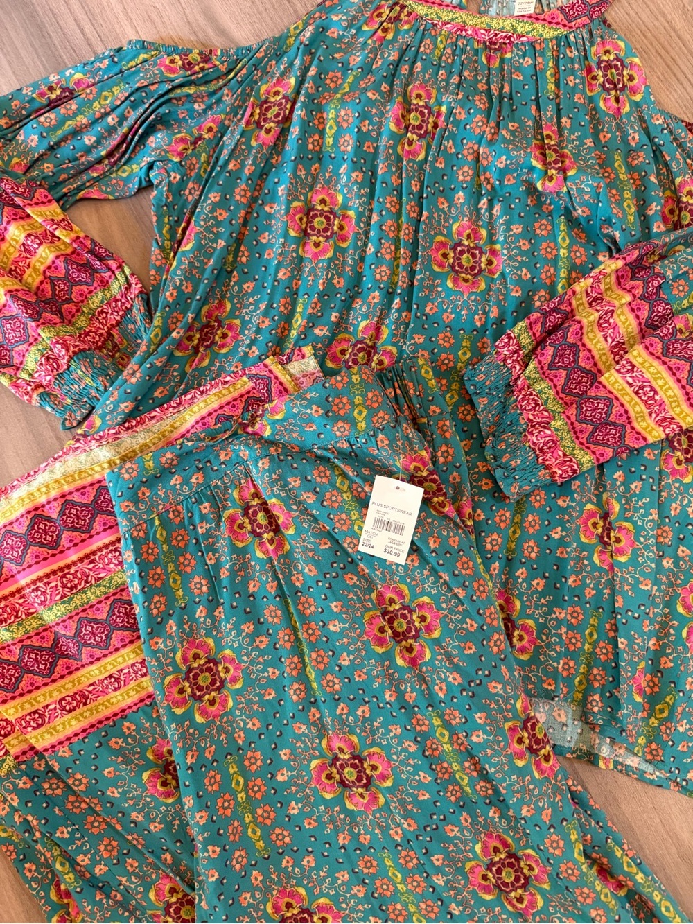 Boho Teal Floral Peasant Top along with Matching flowing Pants-22/24 size